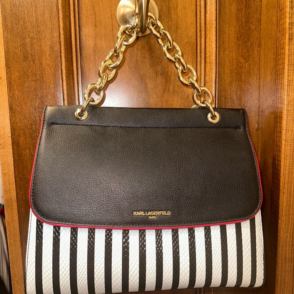Karl Lagerfeld Black and White Striped Shoulder Bag